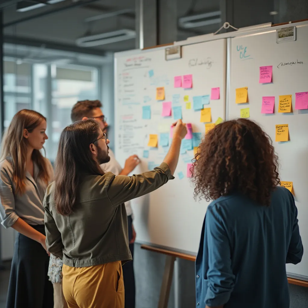 Equipo trabajando en una sesión de brainstorming