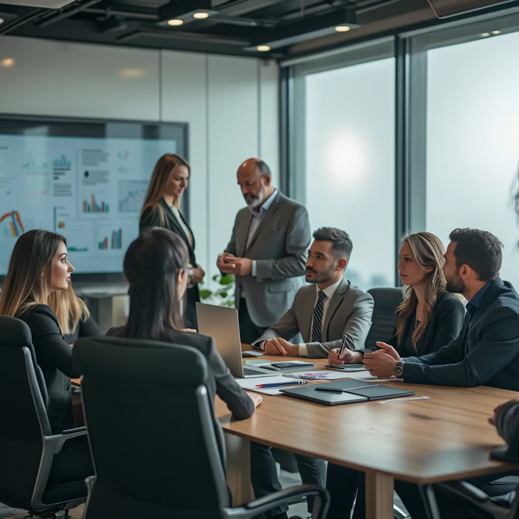 Equipo de consultoría colaborando en una oficina moderna